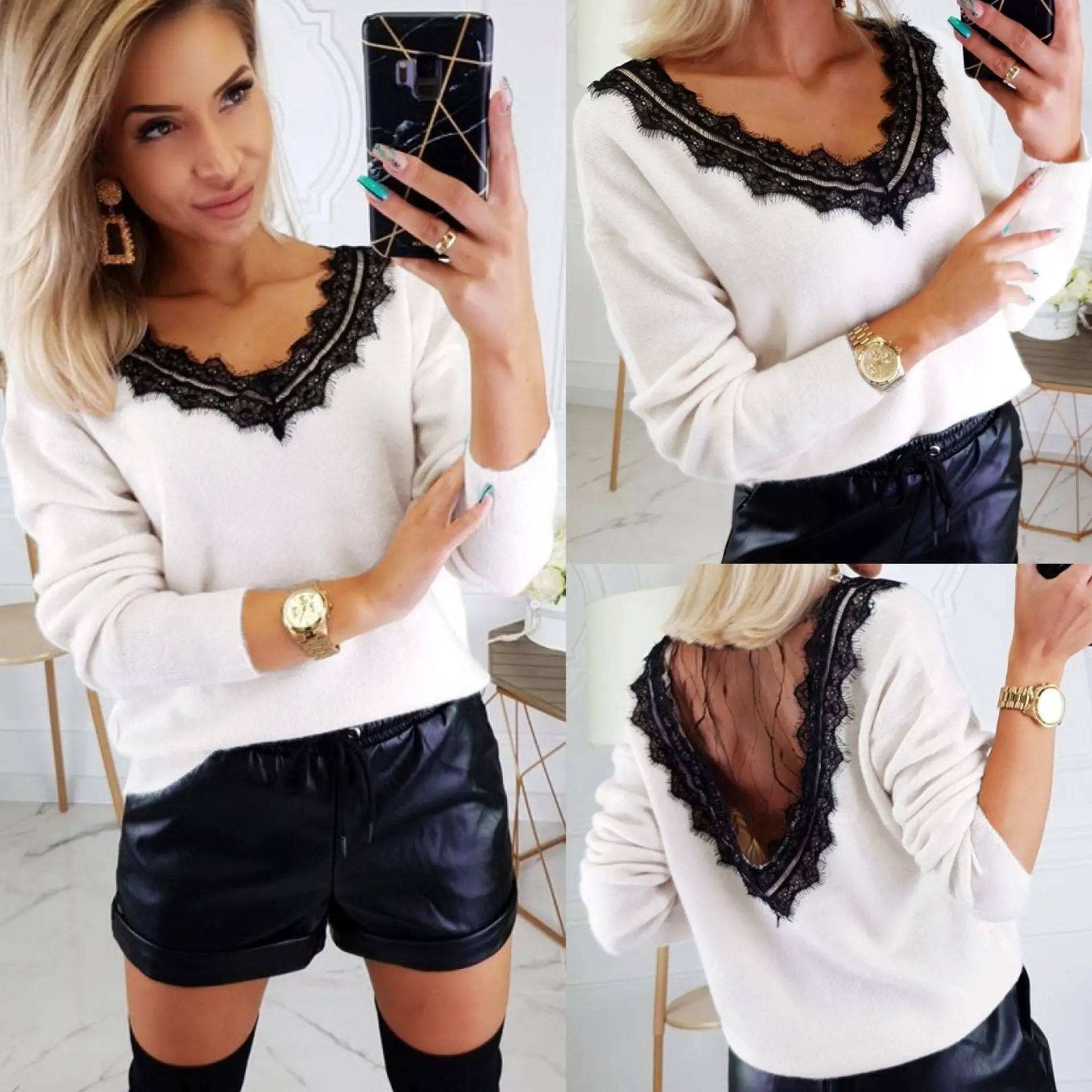 

2019 Sexy Tops and Shirt Fall Clothing Low Cut Lace Deep V Back Backless Patchwork Long Sleeve Women Blouse