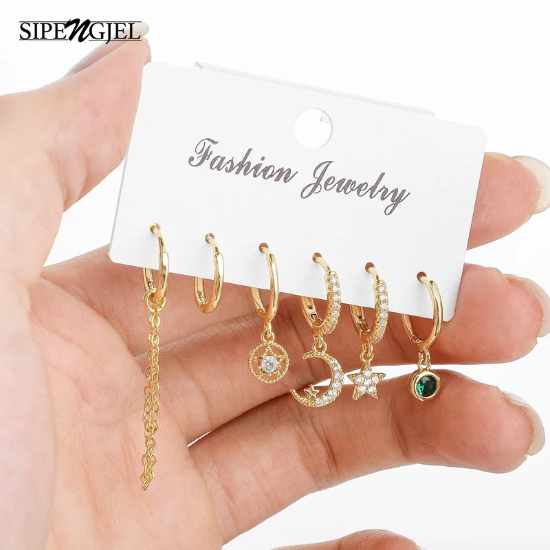 New Fashion Clssic Star And Moon Small Hoop Gold Earrings Set Ladies...