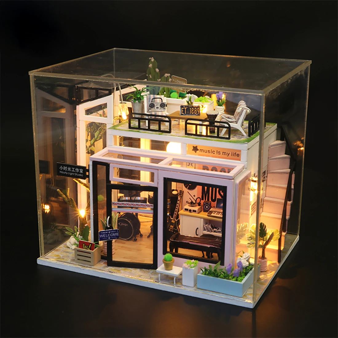 

Surwish DIY Creative Handmade Theme Wooden Cabin Assembly Building House Model Toy Set With Light And Music - Time Studio