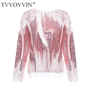 

TVVOVVIN 2020 New Sequins Patchwork Fashion Wesh O-neck Vintage Beding Girl Female Personality Long-sleeve T-shirt Casual A411