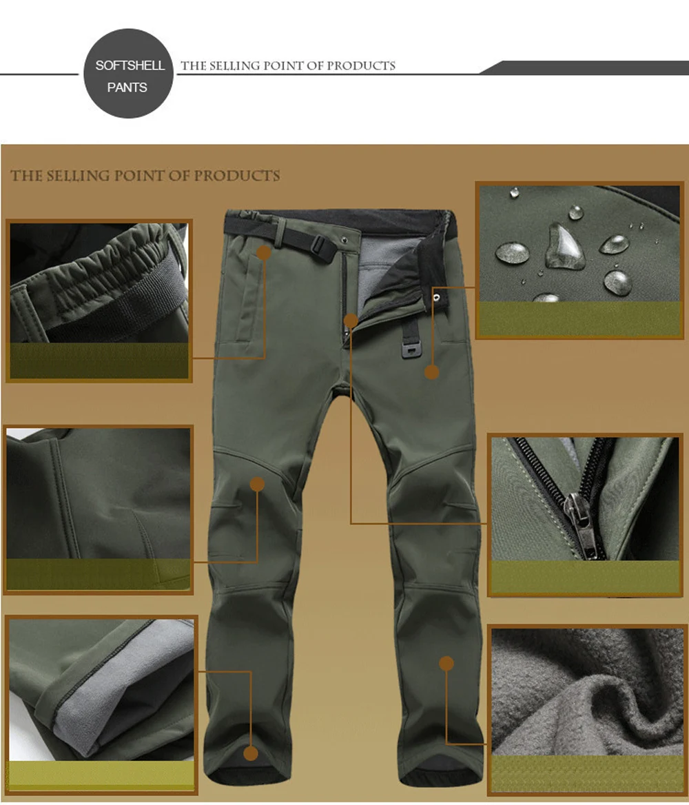 beige cargo pants Stretch Waterproof Pants Men Casual Winter Thick Warm Fleece Shark Skin Trousers Male Windbreaker Sweatpants Mens Tactical Pants cargo jogger pants