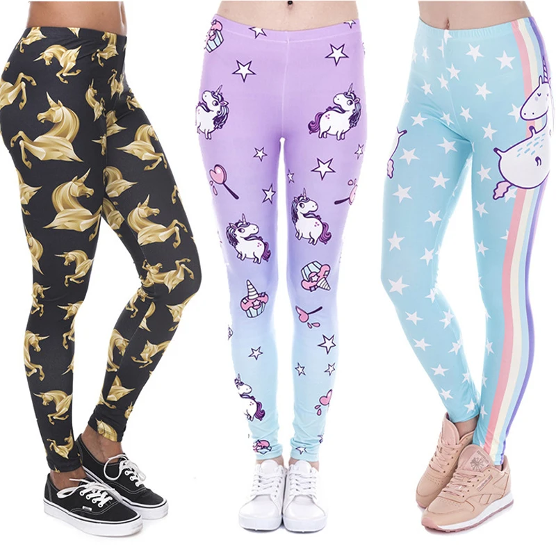Mallas informales de cintura alta para mujer, mallas cómodas con estampado de unicornio y estrellas