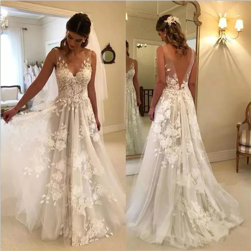 

New Vintage Lace Appliques Boho Wedding Dresses Tulle V-neck Backless Beach Wedding Gowns Bridal Dresses vestidos de novia