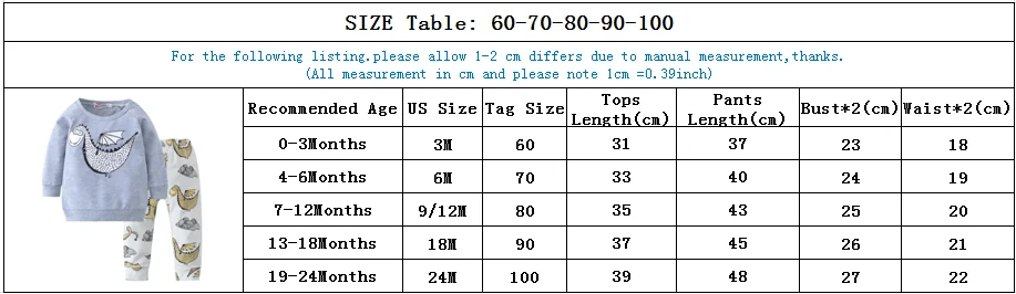 Одежда для маленьких мальчиков Осенняя серая футболка с длинными рукавами и рисунком динозавра + штаны Одежда для новорожденных из 2