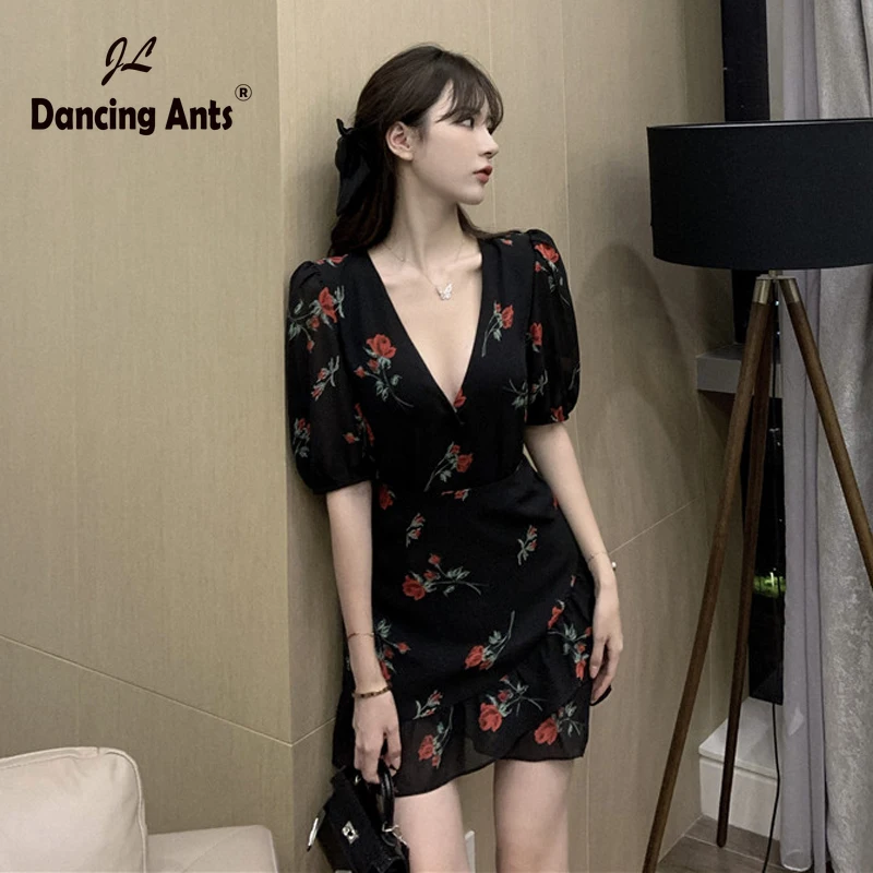 Сексуальное платье с глубоким v образным вырезом цветочным принтом французские