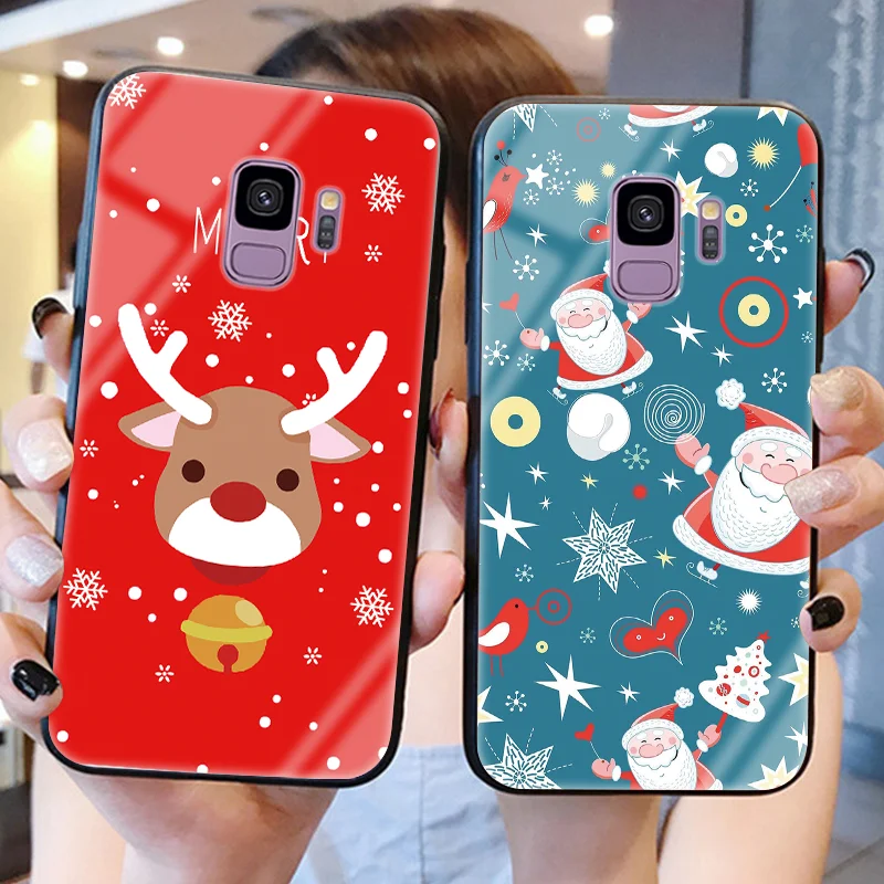 

Christmas Tempered Glass Case For Samsung Galaxy A40 A50 A70 A30 S10 S8 S9 Plus A7 A8 A6 J4 Plus 2018 Note 10 Pro 8 9 M10 Cover