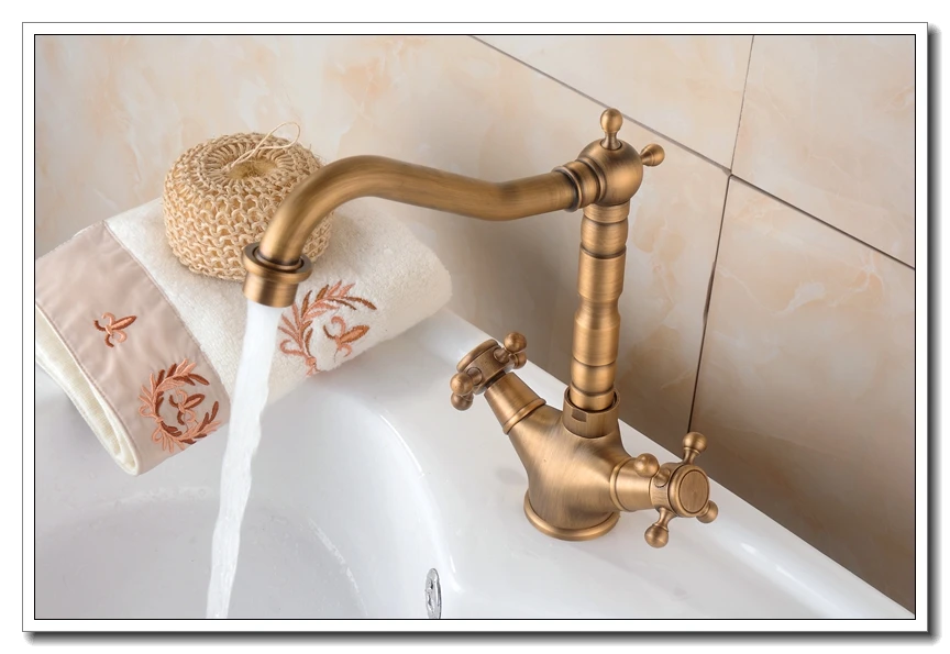 Vidric Deck Mounted Faucets Bathroom Basin Sink Mixer Tap Dual Handle Hot Cold Faucet Antique Bronze Copper Crane EL9121B