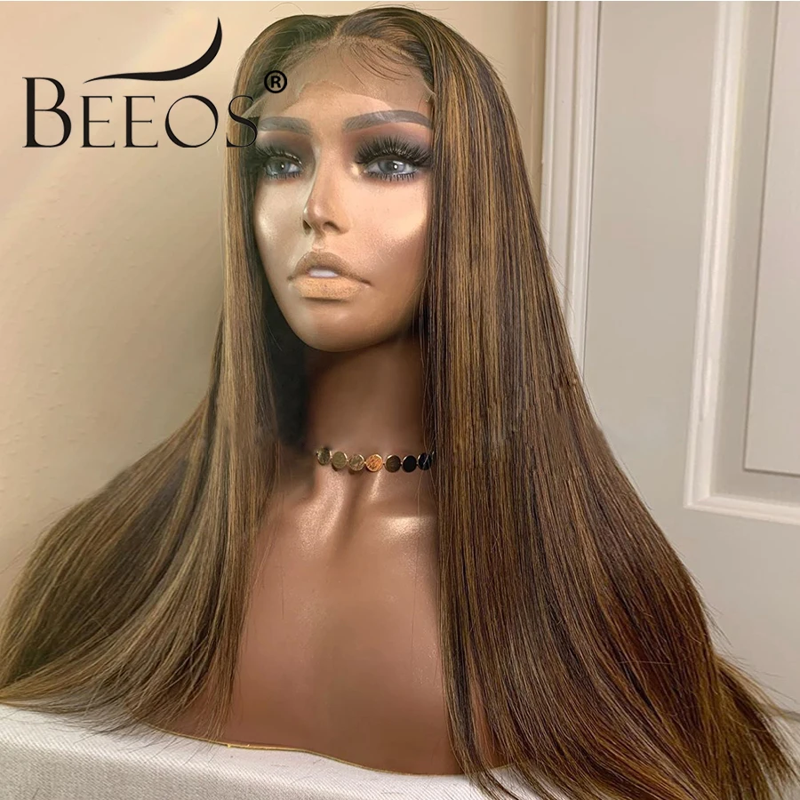 Beeos Straight Highlight Color 13*6 Deep Part Lace Front Human Hair Wig Pre Plucked High Ratio Bleached Knots Brazilian Remy