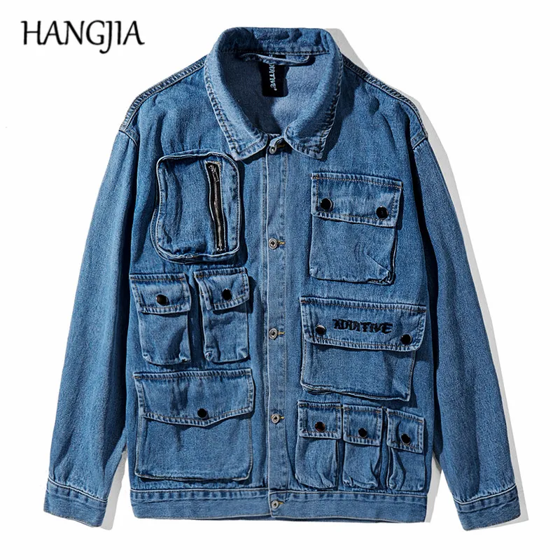 

Blue Black Cargo Denim Jackets Mens 2019 Fashionable Distressed Jean Jacket Hip Hop Multi-pockets Men's Coat Safari Style