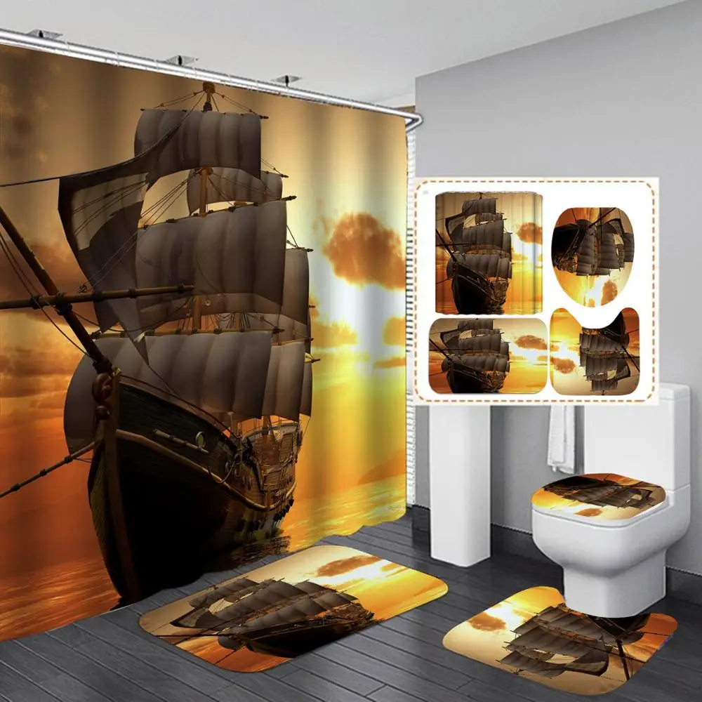 

Beautiful Scenery Bathroom 4 Piece sailboat Night City Shower Curtain Toilet Mat Bath Mat Bathroom Curtain with Hooks
