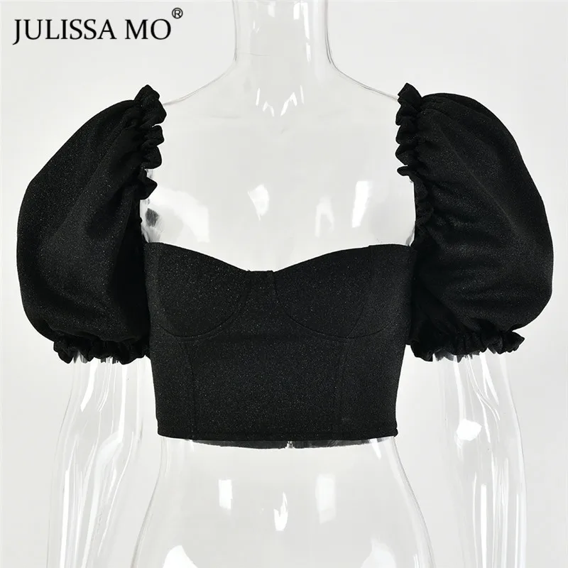 Julissa mo, черные блестящие Сексуальные вечерние блузки, рубашка, элегантные, с оборками, с пышными рукавами, Обрезанные Топы,, винтажные, с открытой спиной, тонкие женские топы