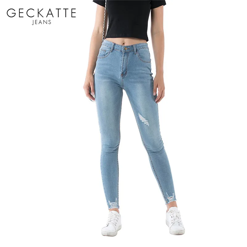 

GECKATTE Elastic Jeans Woman High Waisted Blue Mom Jeans Boyfriend Denim Plus Size Distressed Jeans Female Jean Pencil Pants