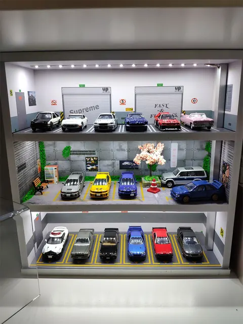 1:64 Scale Diorama Alloy Car Model Parking Lot 3/4/5 Layer PVC Garage Scene With LED Light Storage Box Theme Display Cabinet 5