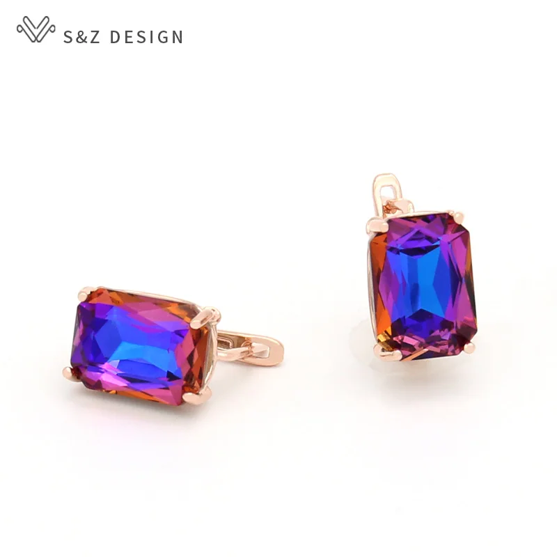 S&Z DESIGN New Fashion Fine Rectangular Crystal Dangle Earrings For Women 585 Rose Gold Color Wedding Jewelry