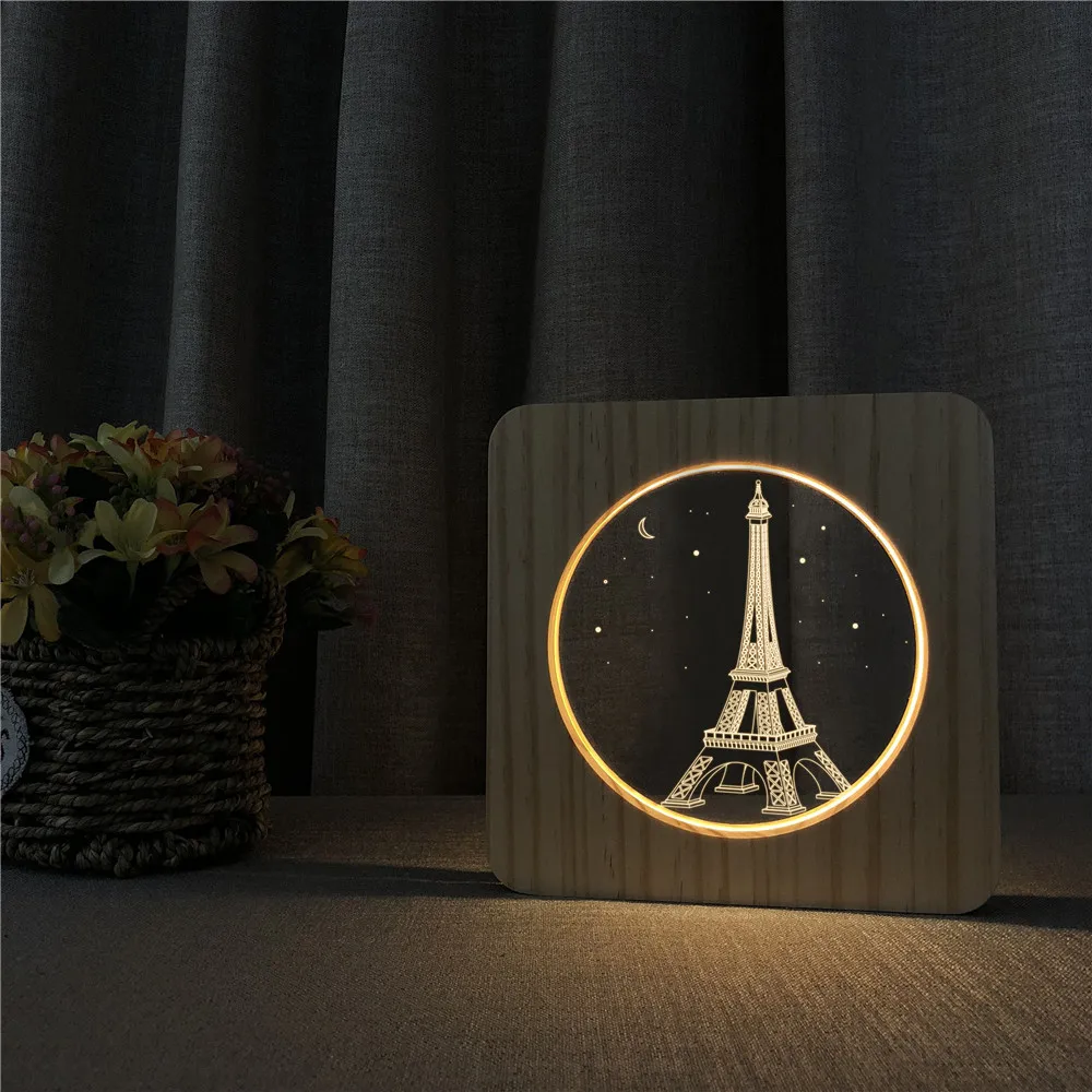 

Eiffel Tower 3D LED Arylic Wooden Night Lamp Table Light Switch Control Carving Lamp for Children's Room Decorate Dropshipping
