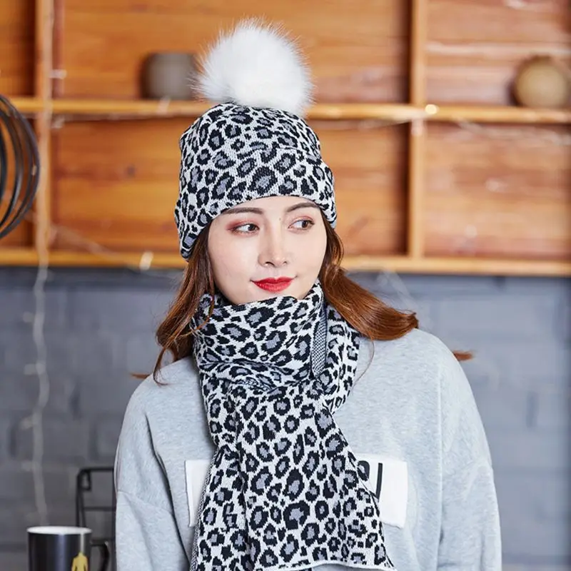 Женский шарф, шапка, комплект из 2 предметов, Леопардовый принт, вязаная шапка с манжетой, шапка с длинным обертыванием