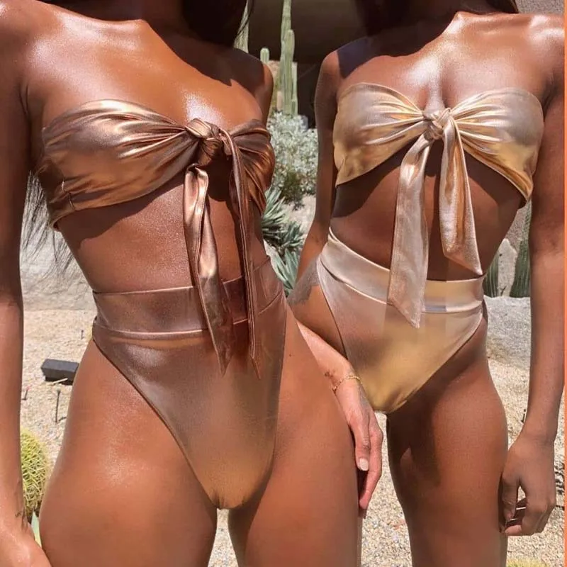 

2019 High Waist Bikini Set Women Swimsuit Push Up Hot Stamping Tube Top tie bow-knot Swimwear Female Beachwear Bandeau Bikinis