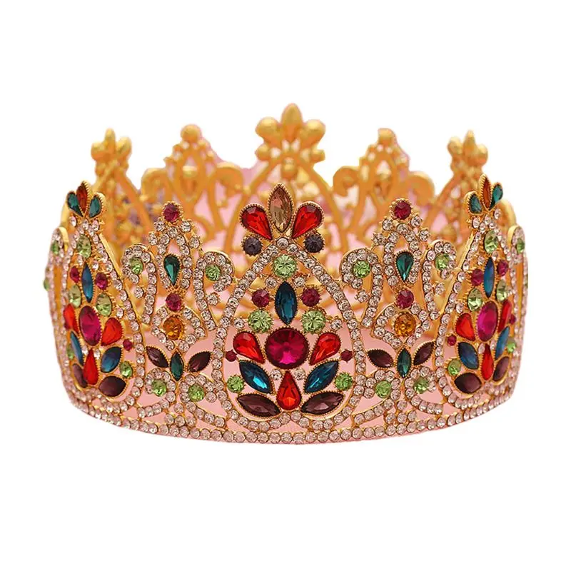 

Baroque Gold Rhinestone Colorful Bridal Tiara Vintage Diadem Pageant Crowns