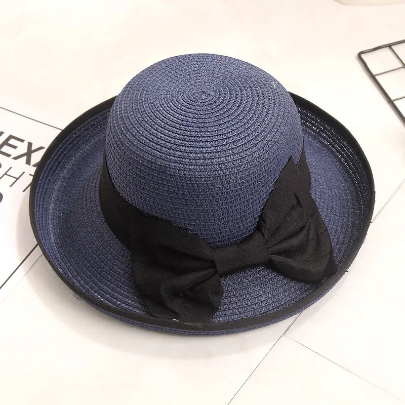 Новая простая модная летняя шляпа пляжная шляпа Женская Повседневная Панама шляпа Дамская Брендовая женская Соломенная солнцезащитная Кепка с бантом - Цвет: Navy blue