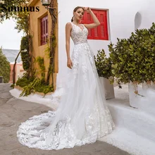 Sumnus Luxury Aline Boho Wedding Dresses V Neck Appliques Lace Princess Bridal Dress Sweep Train  Custom made Bridal Gowns