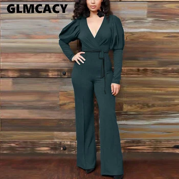 

Women Long Sleeve V Neck Long Jumpsuit Elegant Regular Solid Sashes Overalls OL Chic Jumpsuits