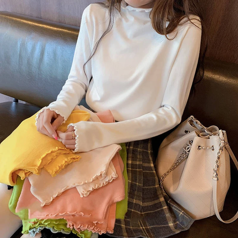 

Autumn Clothes Korean Ladies Pullover Women Cotton Material Semi-Turtleneck Undercoat With Candy Color Cyber Celebrity MXY009