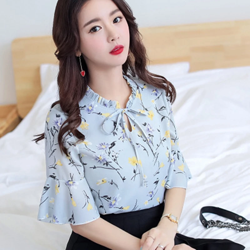 

2020 New Summer Women High Quatily Floral Blouse Ladies Fashion Chiffon Commute Shirts Female Leisure Printing Short Tops LT182
