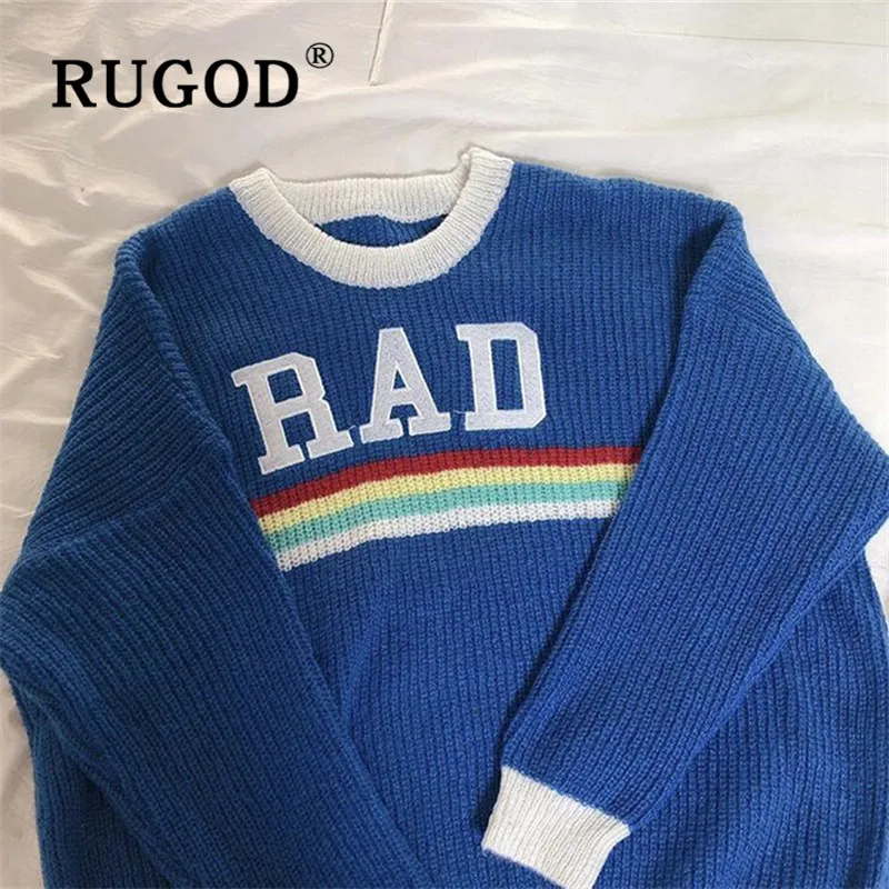 RUGOD, Осень-зима, стиль, шикарный, Радужный, с надписью, длинный свитер с круглым вырезом, вязаный пуловер, большой размер, мода, Kpop одежда