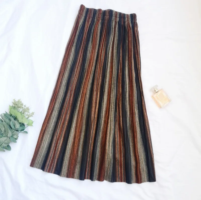 Striped 5 Винтажные клетчатые гофрированные длинные юбки зимние женские панк-рок корейские шерстяные юбки уличная юбка миди с эластичной резинкой на талии - Цвет: Striped 5