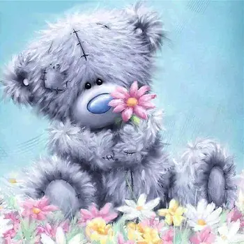 

Diamond Painting DIY Round Drill 5D Cross Stitch Gray Patch Bear Flower Cross Craft Decor Gifts Kits Art