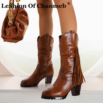 

Large Size 48 Women's Western Boots Fringe Shoes Woman Lady Chunky Spike Heels Slip ons Pleated Mid-calf Boots Winter Warm Shoes