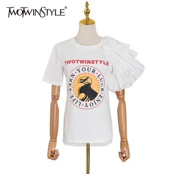 

TWOTWINSTYLE Print Letter Cartoon T Shirt For Women O Neck Short Sleeve Ruffle Asymmetrical Shirt Female 2020 Spring Fashion New