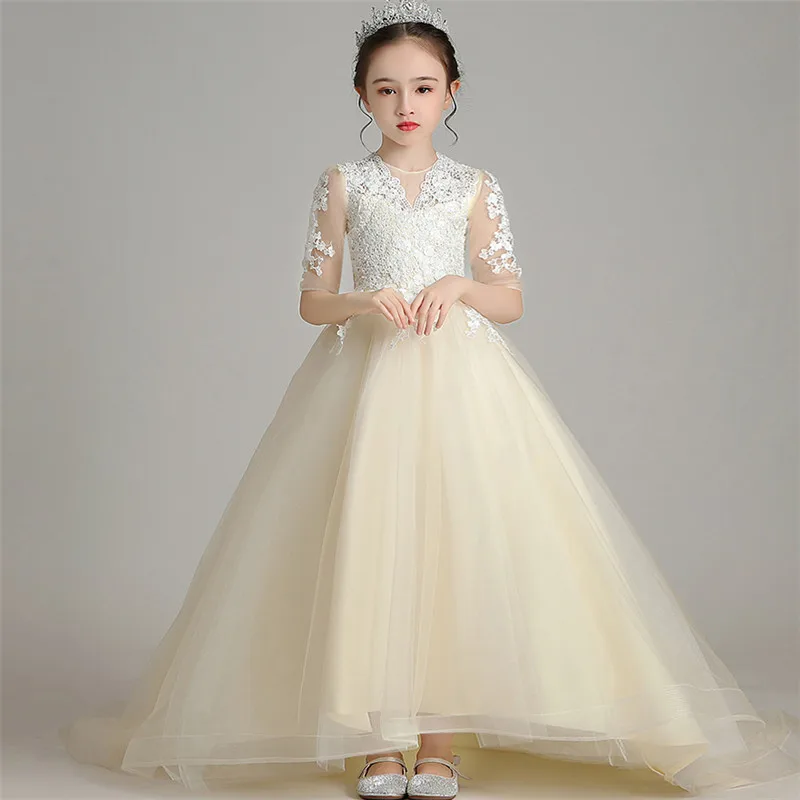 long tail dress От 3 до 15 лет; роскошное кружевное платье с вышивкой для девочек; вечернее праздничное платье с длинным шлейфом; Детские костюмы; платье для общения - Цвет: long tail dress