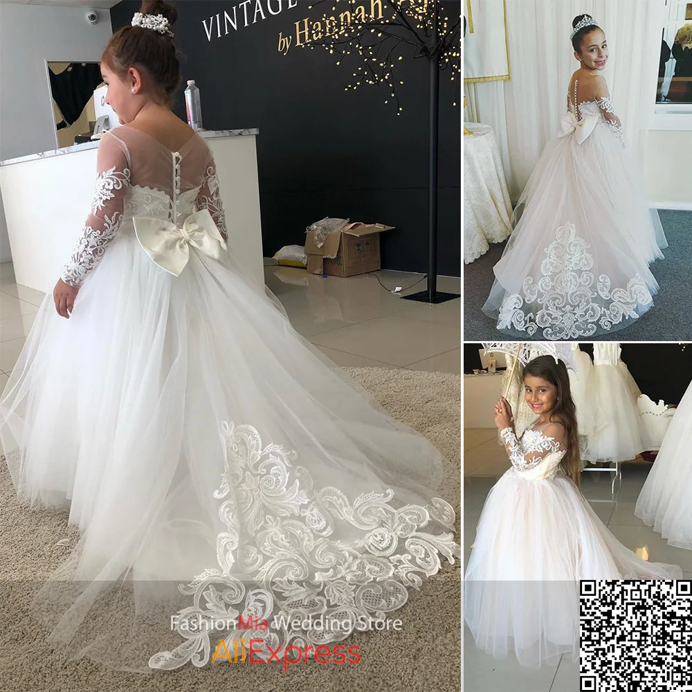 FashionMia Ivory White Puffy Tulle Lace Kid Ball Gown Flower Girl Dresses Long Sleeve Princess Illusion Wedding Party with Bows
