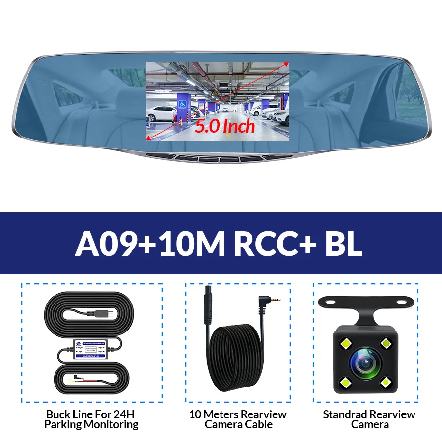 A09-10M RCC-BL Новинка Full HD 1080P автомобильная Dvr камера Авторегистратор 5 дюймов Зеркало заднего вида Цифровой видеорегистратор Два объектива Регистратор Видеокамера - Название цвета: A09-10M RCC-BL