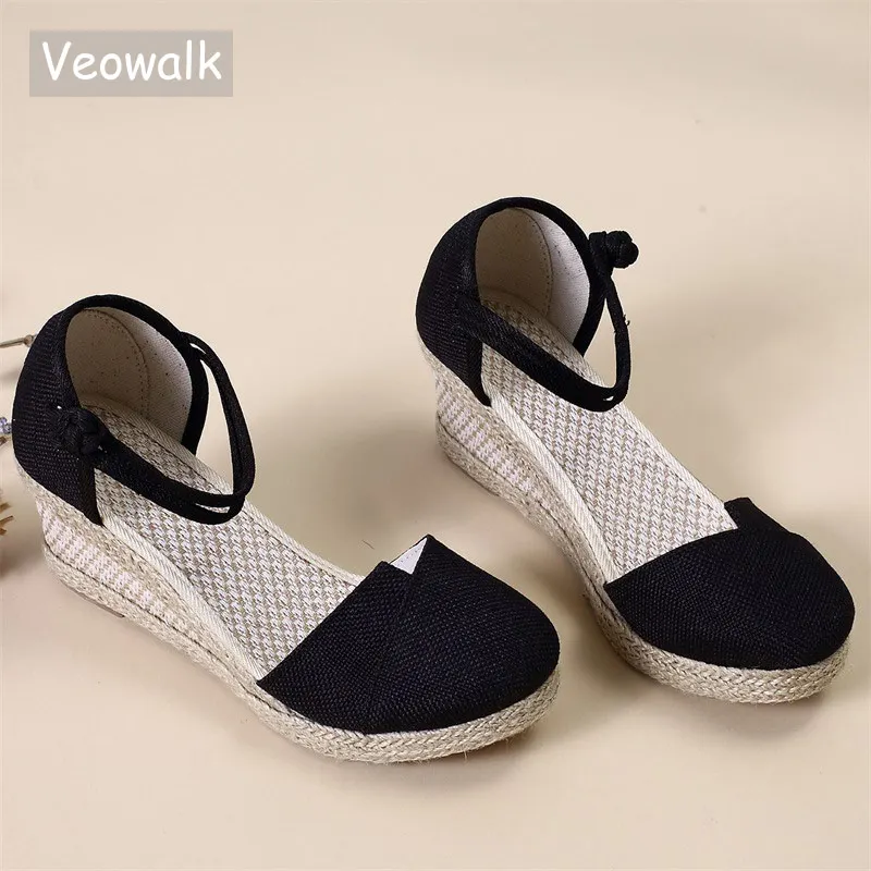 Veowalk/женские льняные босоножки ручной работы; Эспадрильи на танкетке; обувь на платформе 5 см; удобная женская повседневная Летняя обувь в богемном стиле