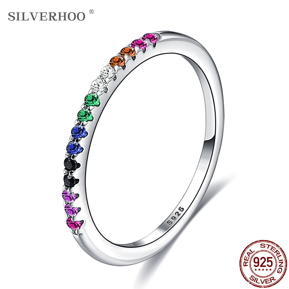 SILVERHOO-anillos de dedo de Color arcoíris para mujer, de plata de ley, apilables, redondos, de circón, regalo de boda, joyería 925