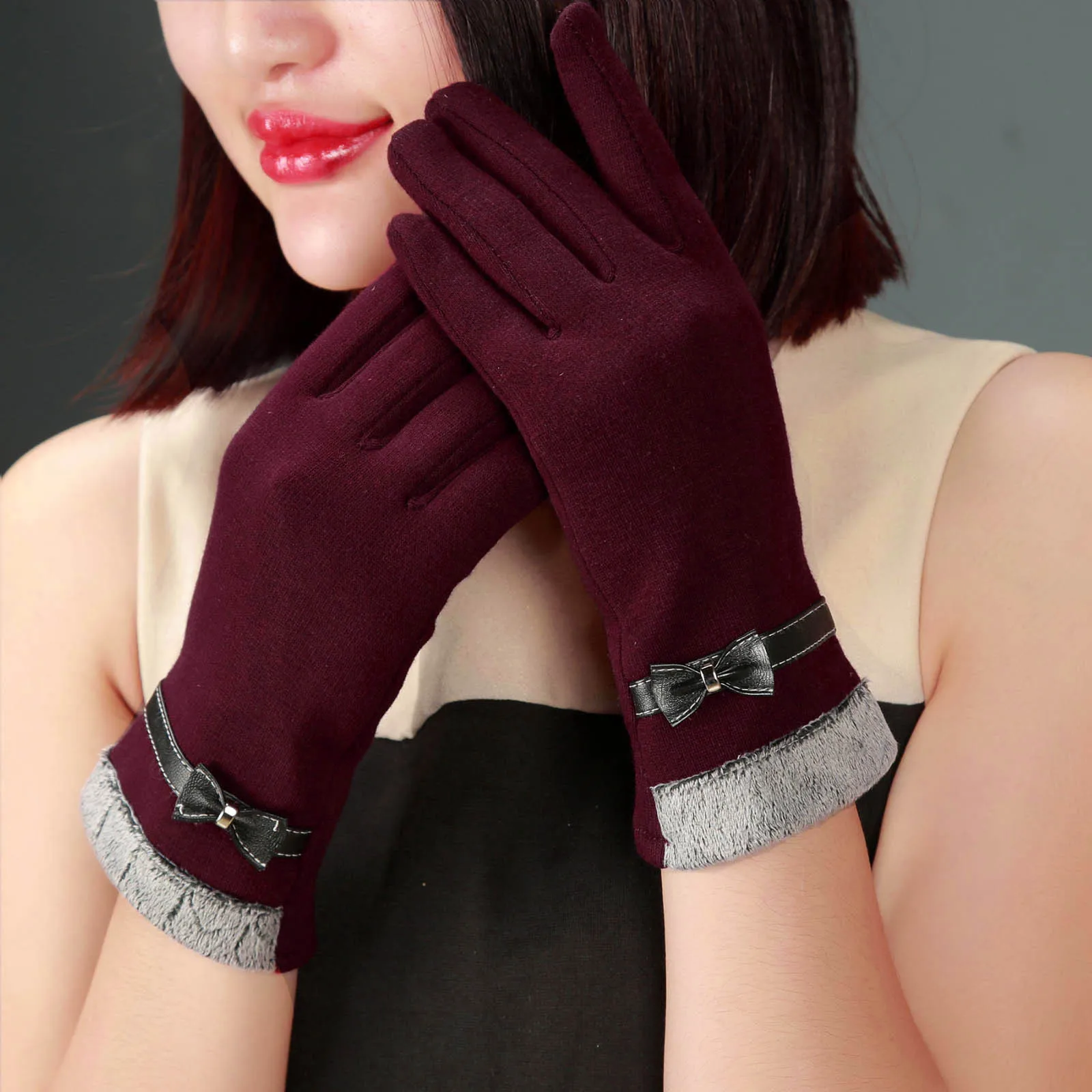 Женские Роскошные зимние теплые перчатки с бантом, варежки, элегантные женские зимние перчатки, однотонные перчатки из искусственной кожи, Guantes