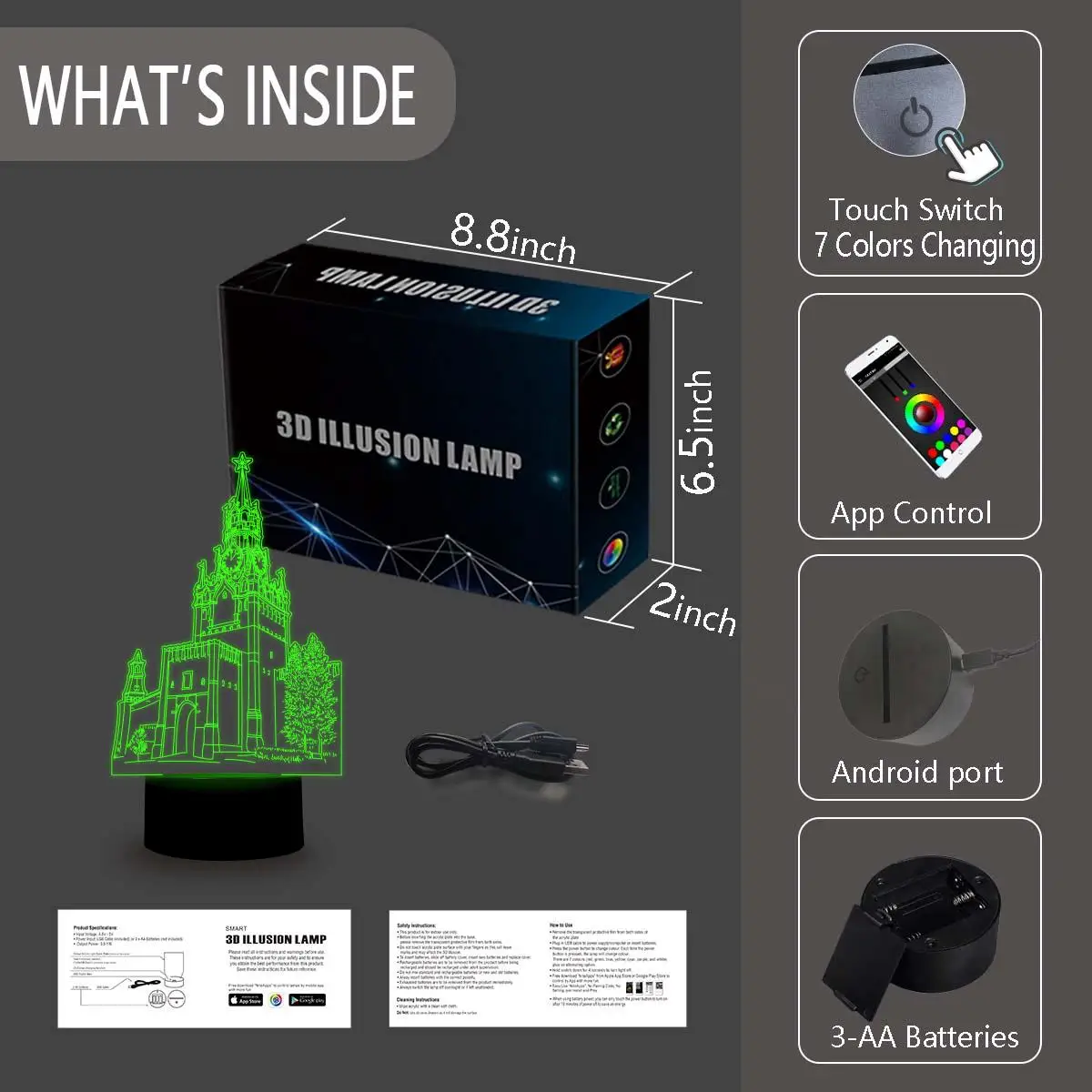 NiteApps 3D Москвой Кремлевский ночник настольная Иллюзия украшение лампа подарок на день рождения приложение/сенсорное управление