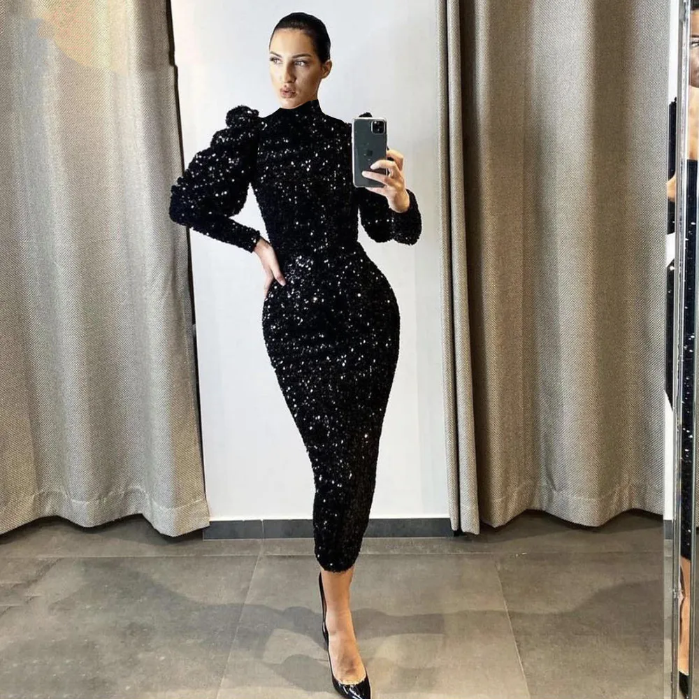 

Vinca Sunny Muslim High Neck Mermaid Evening Dresses 2022 Long Puff Sleeves Velvet Sequin Tea Length Wedding Prom Party Gowns
