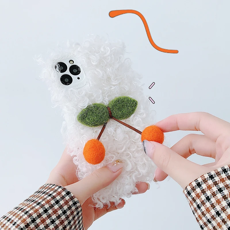 Winter Warm Plush Phone Case for iPhone 11 Pro Max XS XR X Cute 3D cherry Furry fluffy Fur Cover SE 2 2020 7 8 Plus | Мобильные