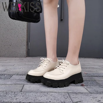 

wetkiss Platform Flats Lightweight Lace Up Girls Genuine Leather Casual Round Toe Women Sneakers Flats