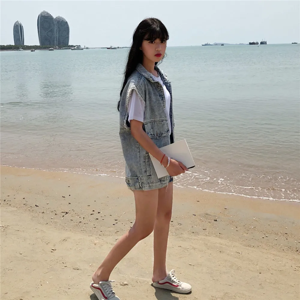 Женский джинсовый жилет свободного размера с открытым стежком, винтажный жилет без рукавов, куртка, женские жилеты из денима, хлопок, талия, пальто, одежда