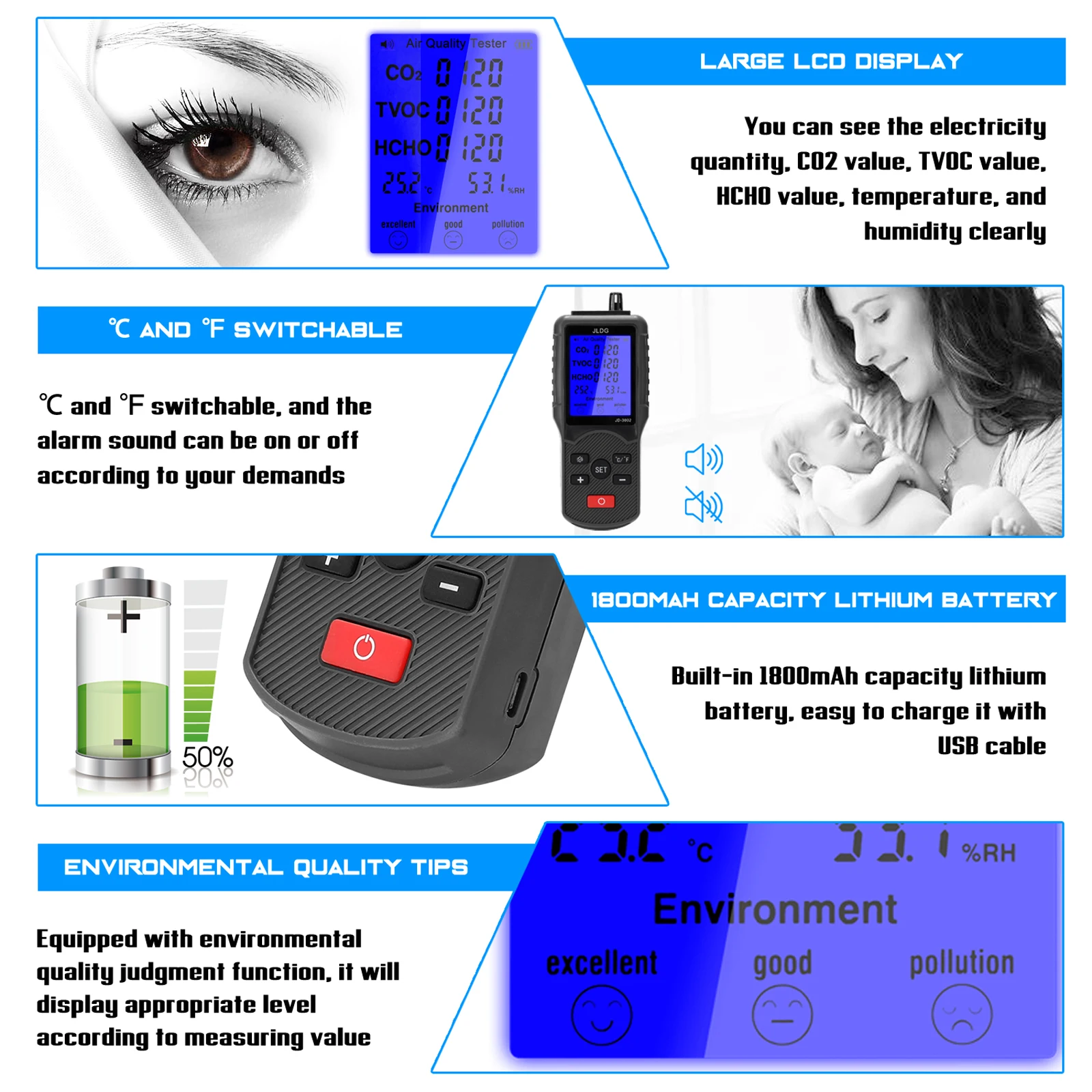 Co2 미터 공기 품질 테스터 CO2 TVOC 검출기 공기 분석기 온도 습도 측정 장치 공기 품질 모니터