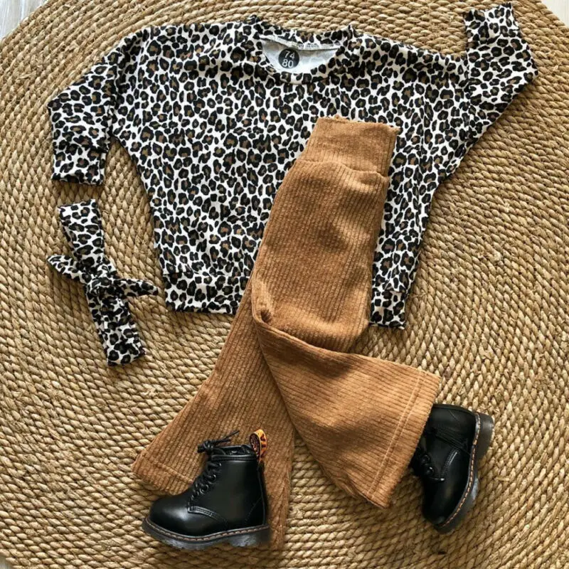 Брендовая одежда для маленьких девочек леопардовые топы с длинными рукавами+ Вязаные расклешенные штаны детская одежда, комплект осенней одежды
