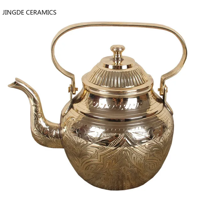 Új Butik Sárgaréz Edény Otthon Tiszta Réz Tea Készlet, Kézzel Készített Vastag Faragott Minta Teáskanna Retro Antik Vízforraló - Image 5