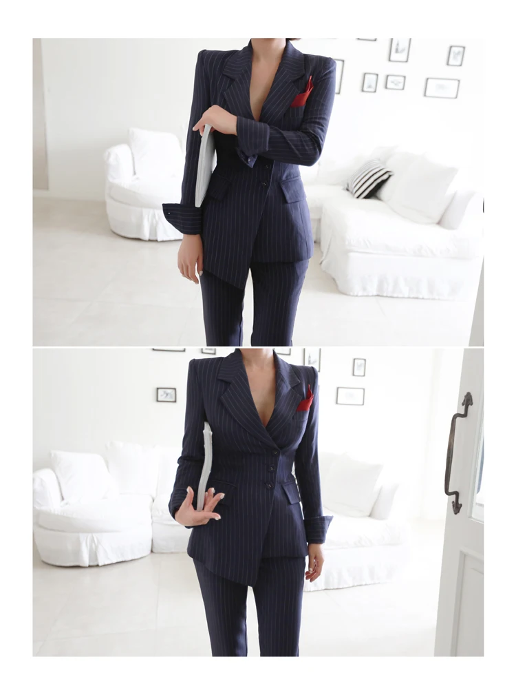 Women‘s Irregular Striped Single Breasted Blazer Coat&Pencil Pant 2 ...