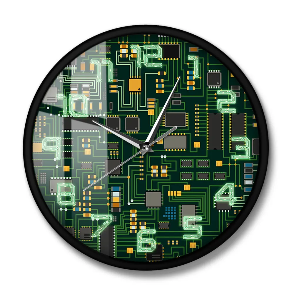 Computer Electronic Chip Circuit Board Geeky Wall Clock Green PC Circuit Board Print Art Wall Watch Engineer Gift Office Decor Just6F