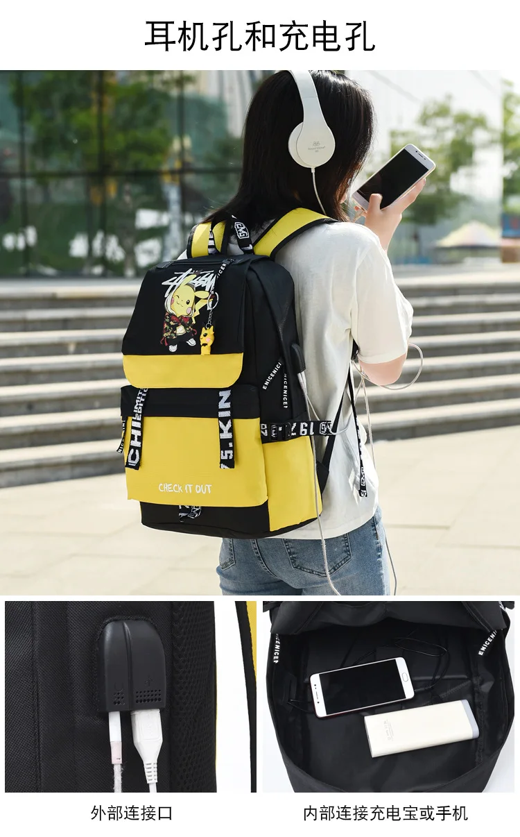 Action Large Pikachu Backpack with USB Charge Line Student Schoolbag Cute Cartoon Pikachu Couple Bags Quality Canvas Bag Gift
