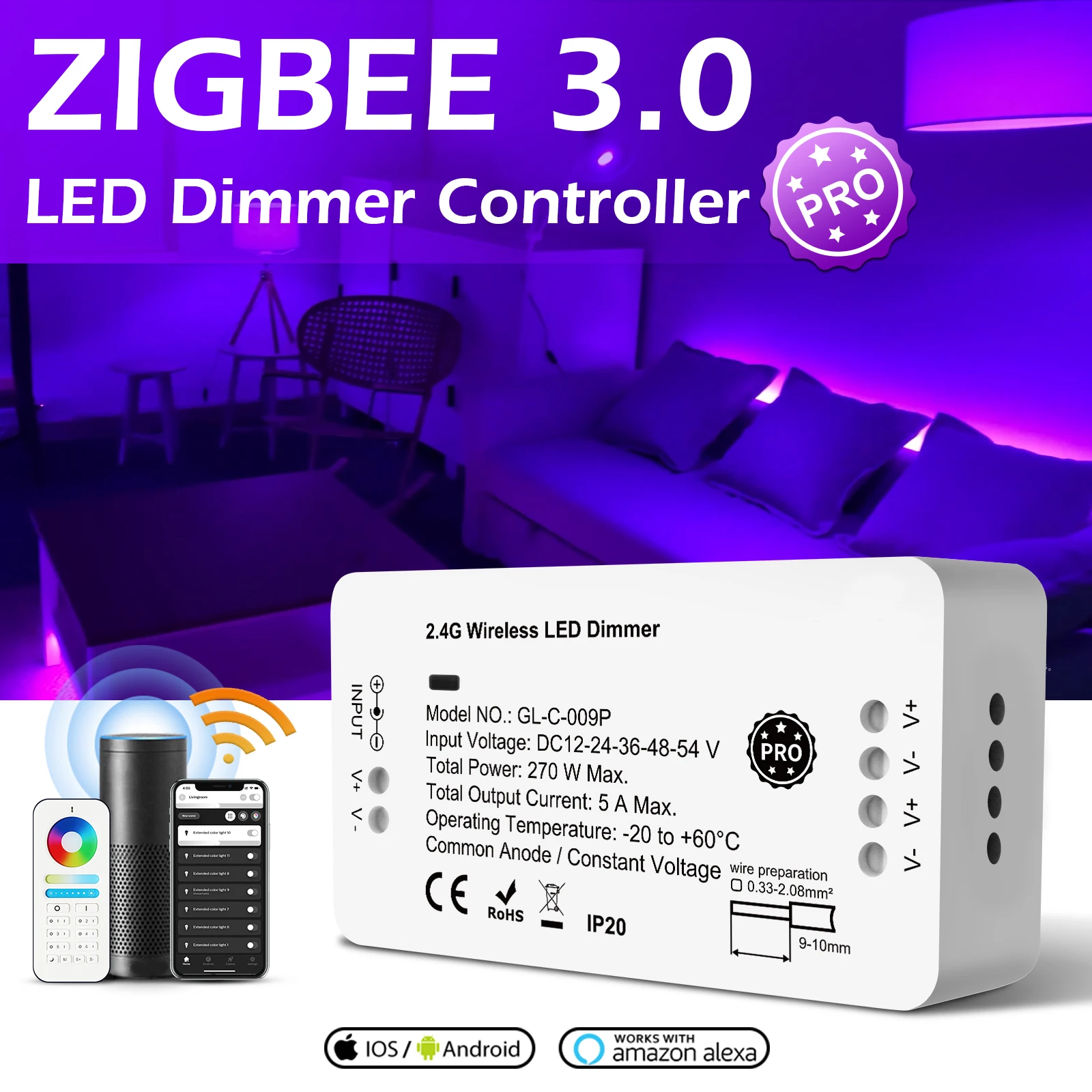 Zigbee 3.0 DC12-24V Smart Pro Dimmer LED ZigBee Strip Controller work with RF Remote, for LED Strip gledopto rgbcct zigbee wifi led strip controller tuya app dimmer work with smart life app wifi alexa amazon voice control